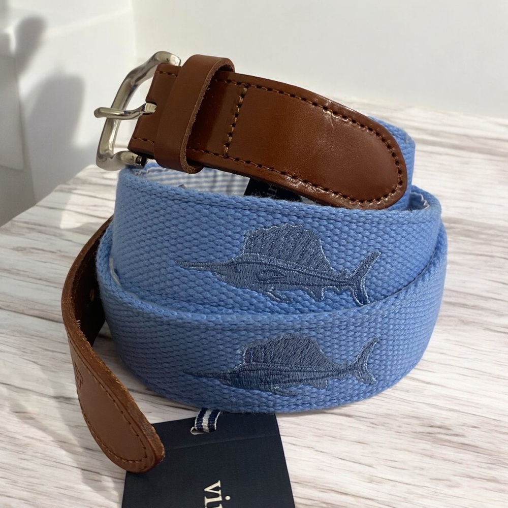 Men’s Vineyard Vines NWT Embroidered Icon Canvas &Cowhide Leather Swordfish Belt